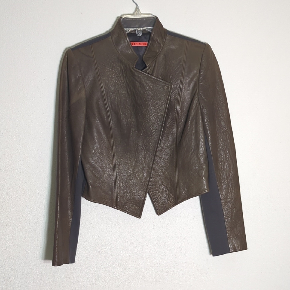 Alice + Olivia Womens Moto Jacket Brown Leather Snap Zipper Crossover‎ Medium